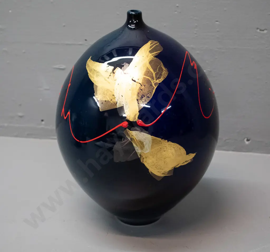 Peter Collis New Zealand studio pottery vase - gilt and red abstract design on dark cobalt glaze H-250 D-180 Image 1++