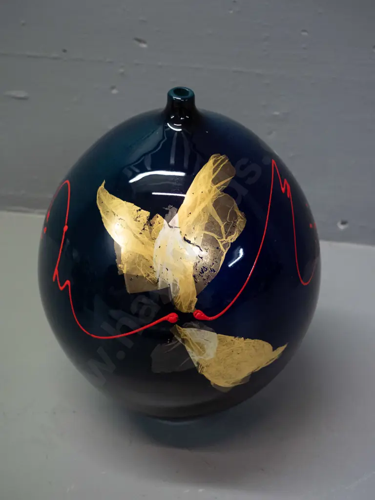 Peter Collis New Zealand studio pottery vase - gilt and red abstract design on dark cobalt glaze H-250 D-180 Image 1++