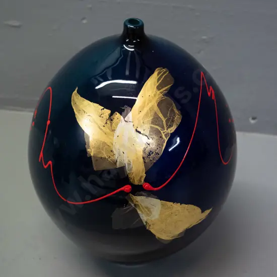 Peter Collis New Zealand studio pottery vase - gilt and red abstract design on dark cobalt glaze H-250 D-180