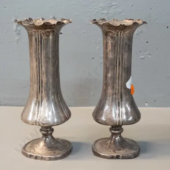 pair of sterling silver spill vases - ribbed design with frilled rim, H-170