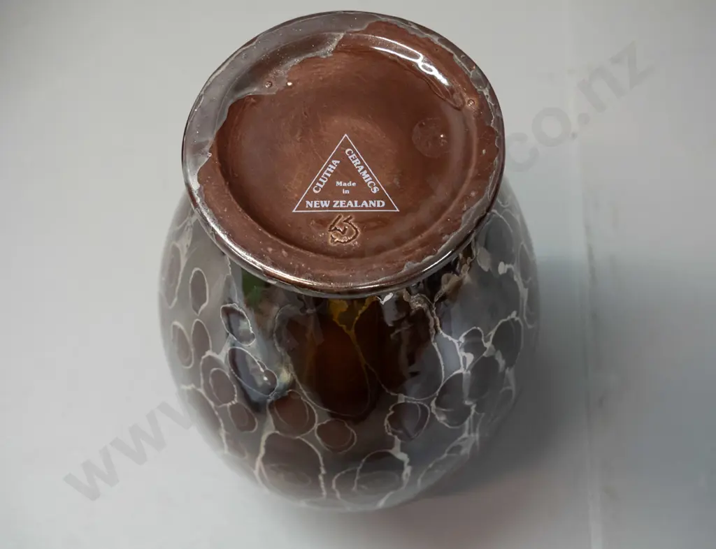 studio pottery vase marked Clutha Ceramics - metallic lustre silver and brown glaze H-250 D-140 Image 1++