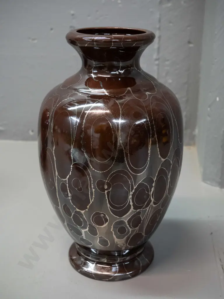 studio pottery vase marked Clutha Ceramics - metallic lustre silver and brown glaze H-250 D-140 Image 1++
