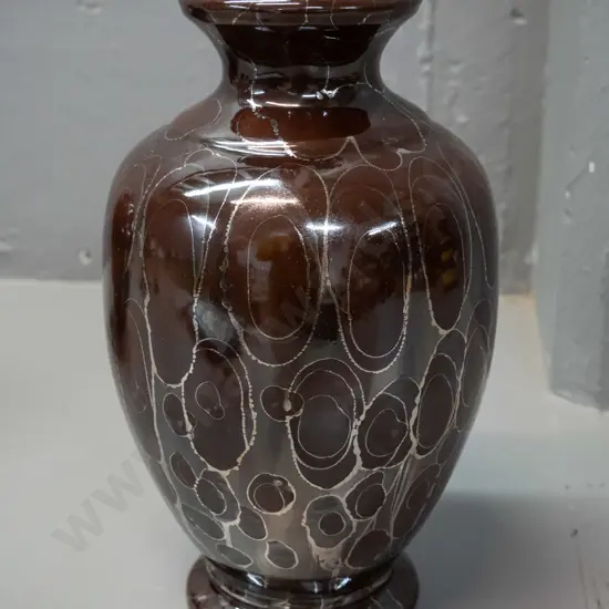 studio pottery vase marked Clutha Ceramics - metallic lustre silver and brown glaze H-250 D-140
