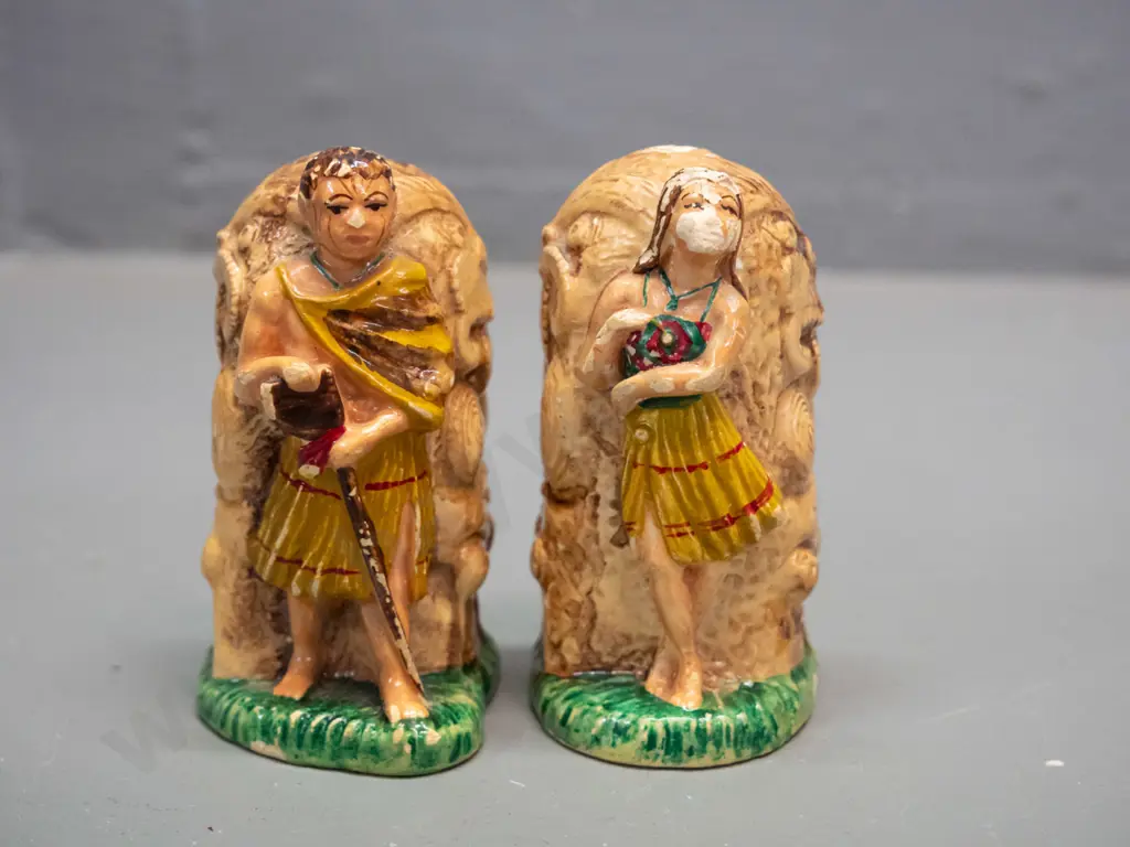 vintage Manor Ware Maori motif salt & pepper - areas of damage to glaze H-80 Image 1++