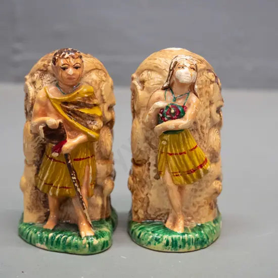 vintage Manor Ware Maori motif salt & pepper - areas of damage to glaze H-80