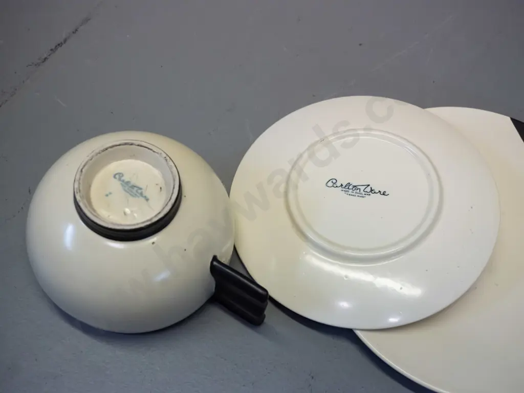 deco Carlton Ware trio - cream and black glaze with solid wave handle Image 1++