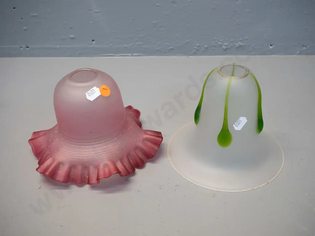 2 vintage glass light shades - frosted with green drop pattern and a frilled cranberry colour H-120 D-160 Image 1++
