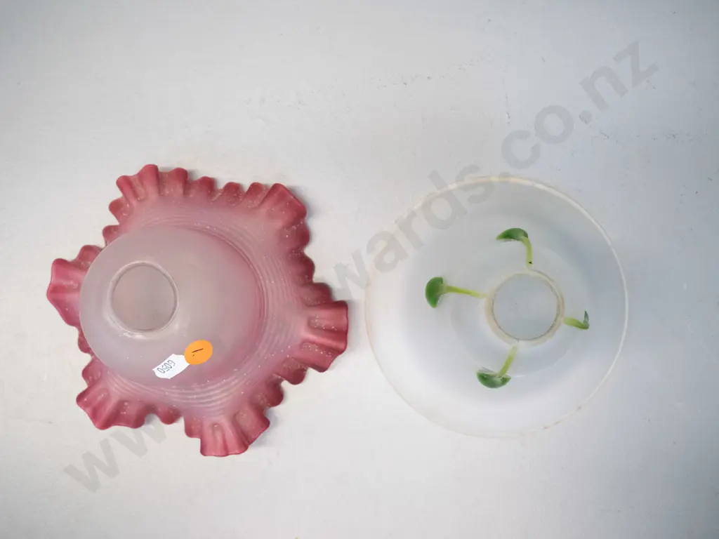 2 vintage glass light shades - frosted with green drop pattern and a frilled cranberry colour H-120 D-160 Image 1++