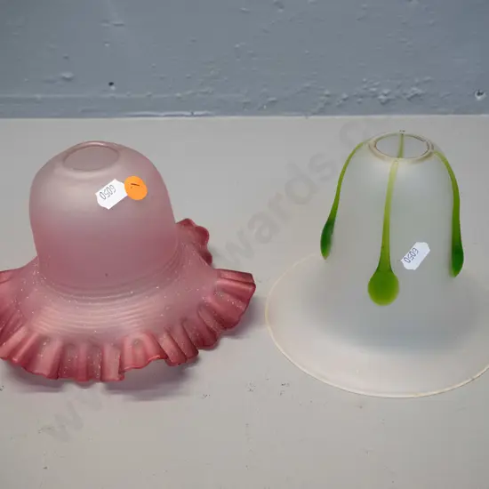 2 vintage glass light shades - frosted with green drop pattern and a frilled cranberry colour H-120 D-160