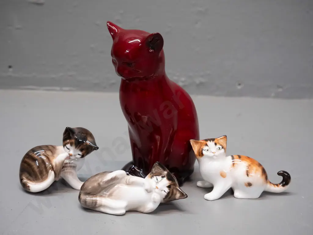 Royal Doulton cat figurines - flambe cat with fleck to one ear H-140 and 3 miniature kittens Image 1++