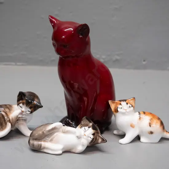Royal Doulton cat figurines - flambe cat with fleck to one ear H-140 and 3 miniature kittens