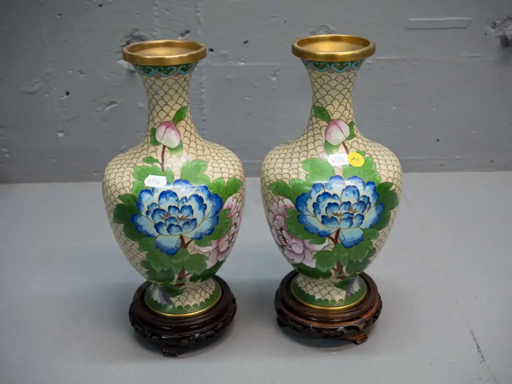 pair of peony pattern Chinese cloisonne ware vases on carved timber stands H-270 D-120 Image 1++
