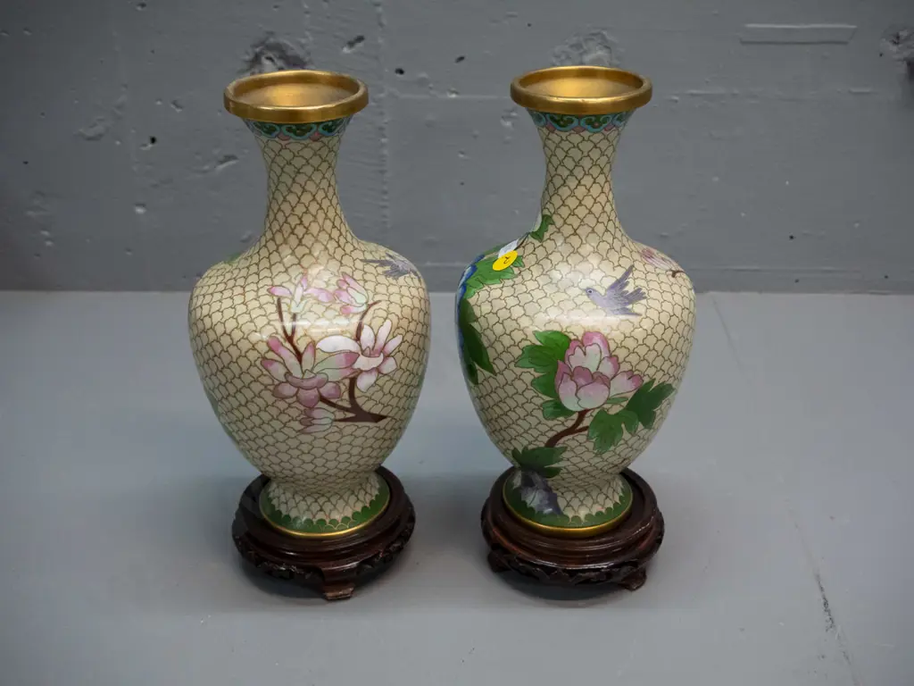 pair of peony pattern Chinese cloisonne ware vases on carved timber stands H-270 D-120 Image 1++