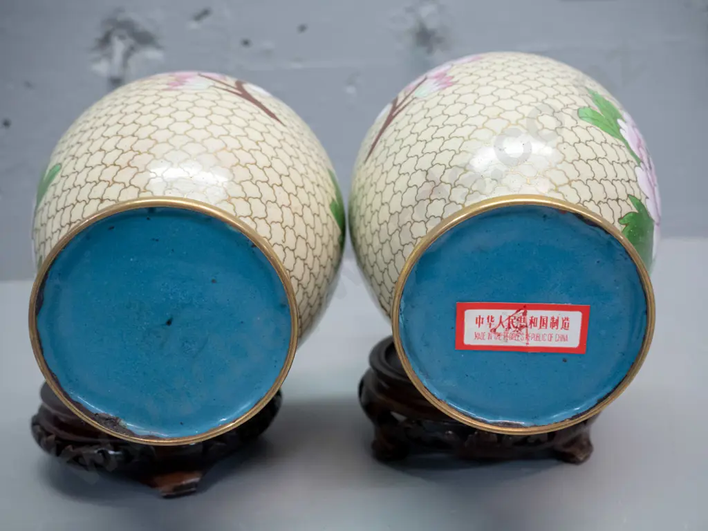 pair of peony pattern Chinese cloisonne ware vases on carved timber stands H-270 D-120 Image 1++