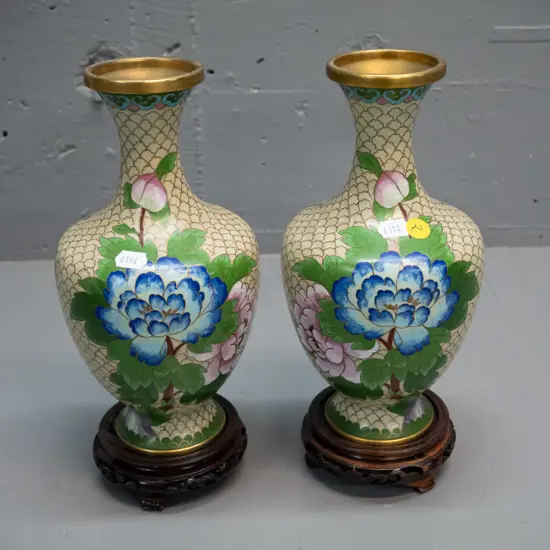 pair of peony pattern Chinese cloisonne ware vases on carved timber stands H-270 D-120