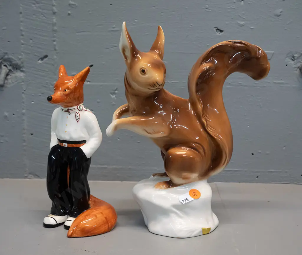 2 figurines - vintage Garden House pottery Mr. Fox and a Royal Dux squirrel H-240 Image 1++