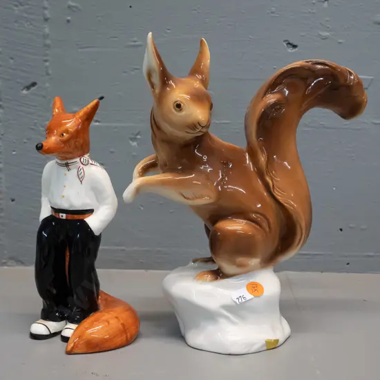 2 figurines - vintage Garden House pottery Mr. Fox and a Royal Dux squirrel H-240