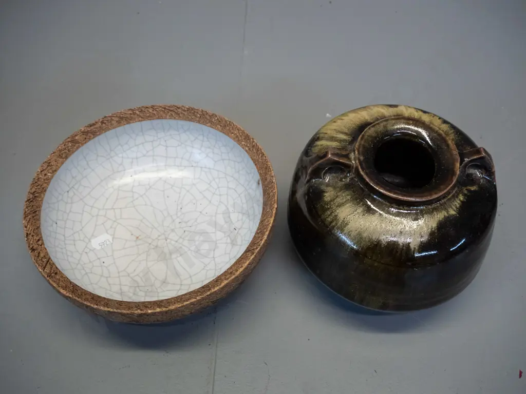 2 Lawrence Ewing studio pottery items - shino glaze bowl H-80 D-195 and a double lugged vase with chip to base H-130 Image 1++