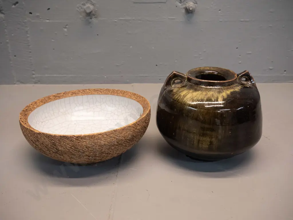 2 Lawrence Ewing studio pottery items - shino glaze bowl H-80 D-195 and a double lugged vase with chip to base H-130 Image 1++