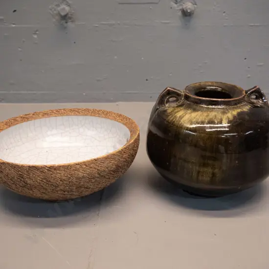 2 Lawrence Ewing studio pottery items - shino glaze bowl H-80 D-195 and a double lugged vase with chip to base H-130