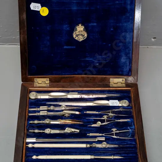 vintage cased drafting / mathematical instrument set, some with ivory handles, case marked Troughton & Simms, Fleet St.
