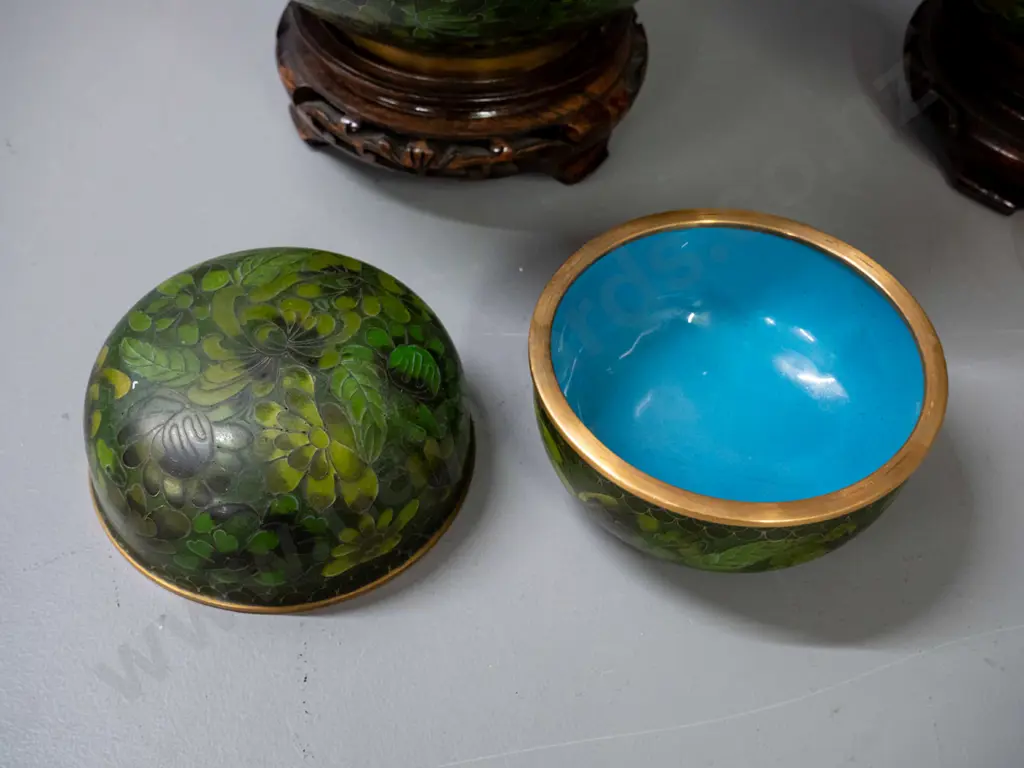 pair of large jade-green floral patterned Chinese cloisonne ware temple jars on carved timber stands H-310 D-200 Image 1++