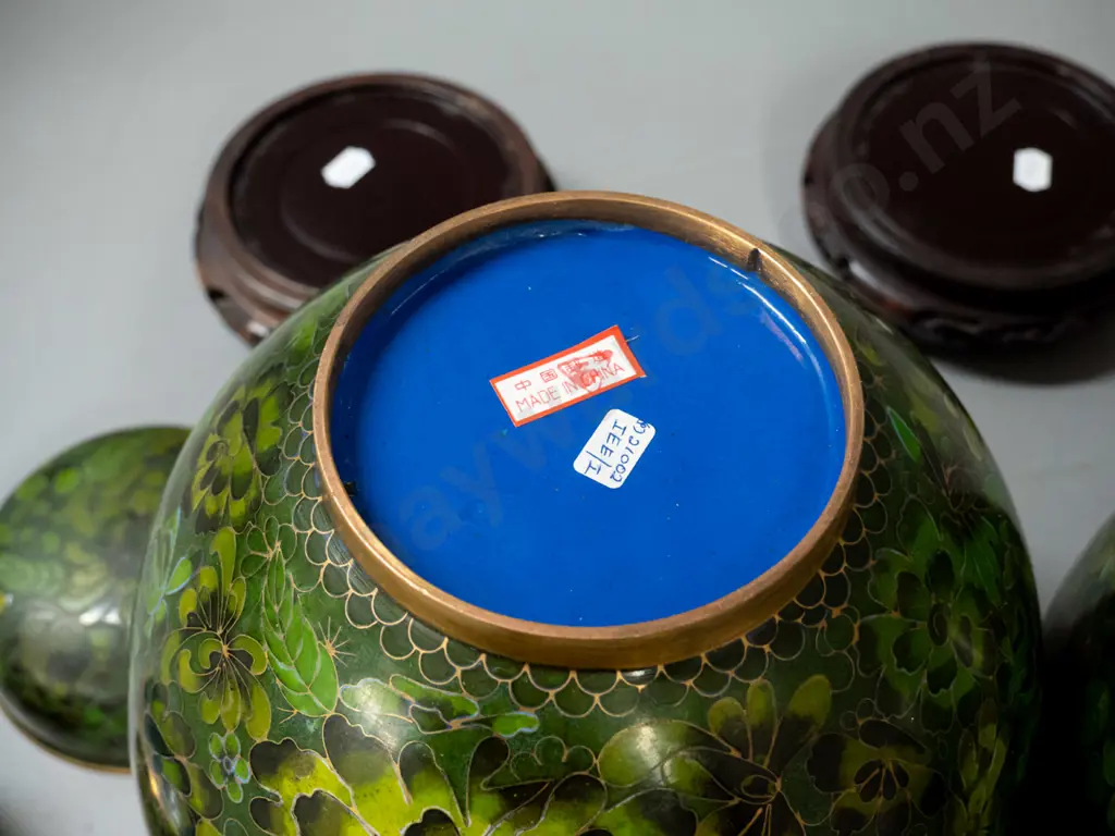 pair of large jade-green floral patterned Chinese cloisonne ware temple jars on carved timber stands H-310 D-200 Image 1++