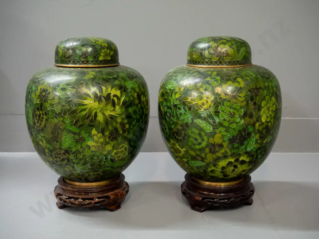 pair of large jade-green floral patterned Chinese cloisonne ware temple jars on carved timber stands H-310 D-200 Image 1++