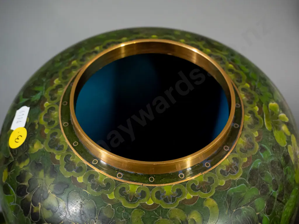 pair of large jade-green floral patterned Chinese cloisonne ware temple jars on carved timber stands H-310 D-200 Image 1++