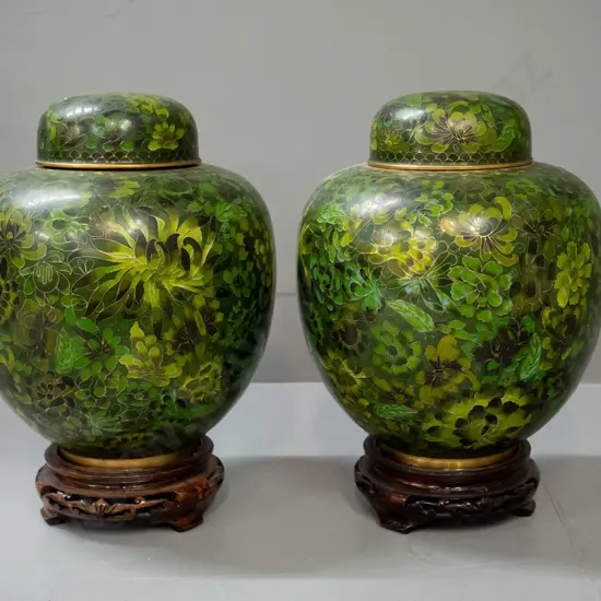 pair of large jade-green floral patterned Chinese cloisonne ware temple jars on carved timber stands H-310 D-200