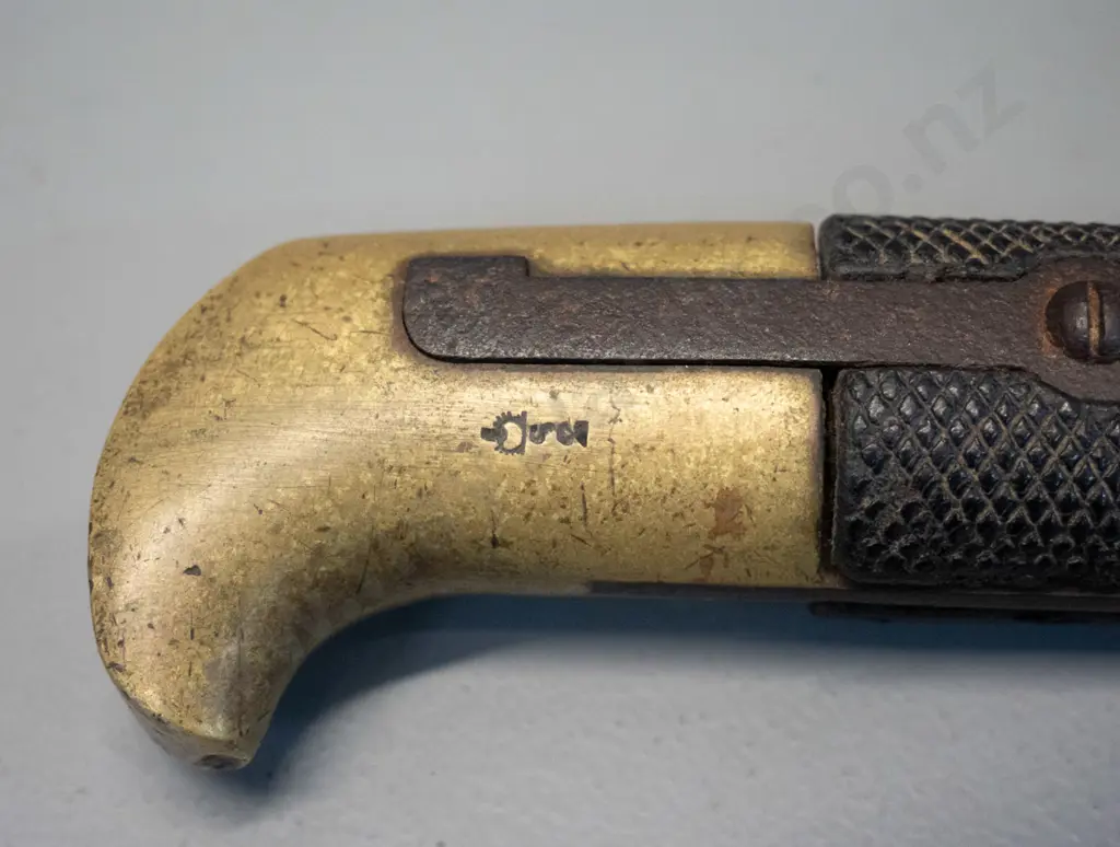 antique bayonet with timber handle, brass handle and hilt, leather scabbard has tip missing. Bayonet L-710 - see photos Image 1++