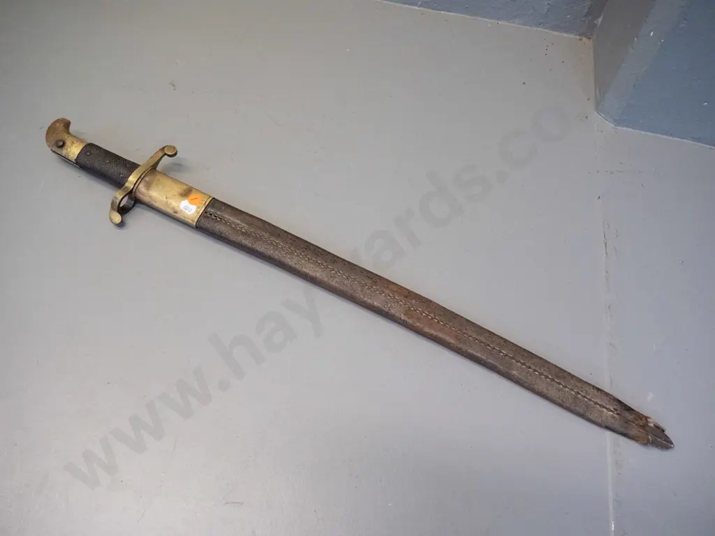 antique bayonet with timber handle, brass handle and hilt, leather scabbard has tip missing. Bayonet L-710 - see photos Image 1++