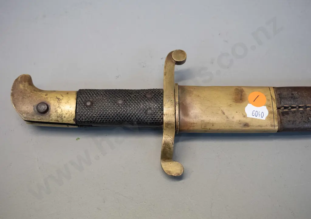 antique bayonet with timber handle, brass handle and hilt, leather scabbard has tip missing. Bayonet L-710 - see photos Image 1++