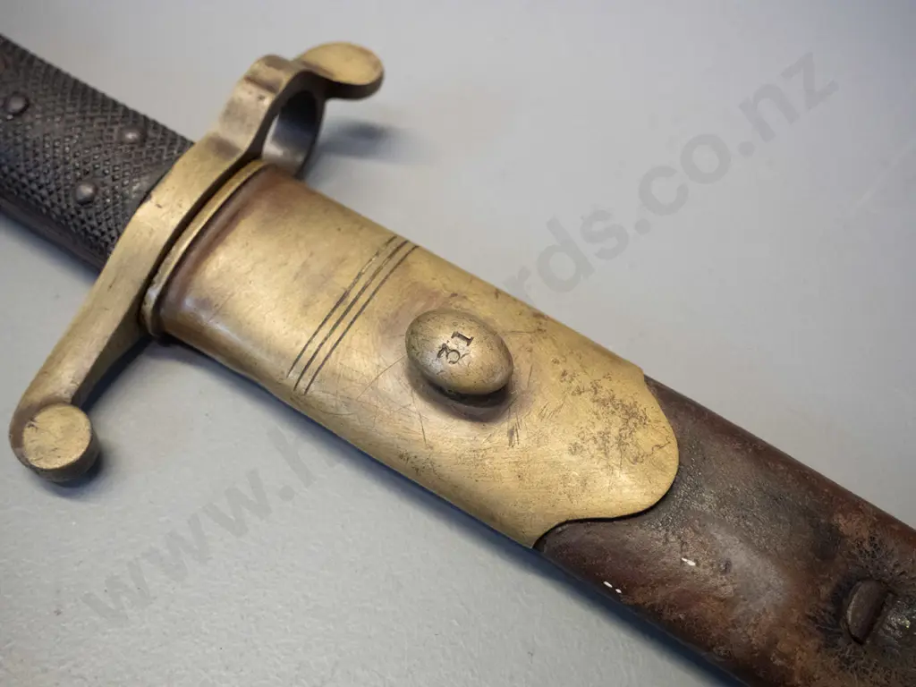antique bayonet with timber handle, brass handle and hilt, leather scabbard has tip missing. Bayonet L-710 - see photos Image 1++