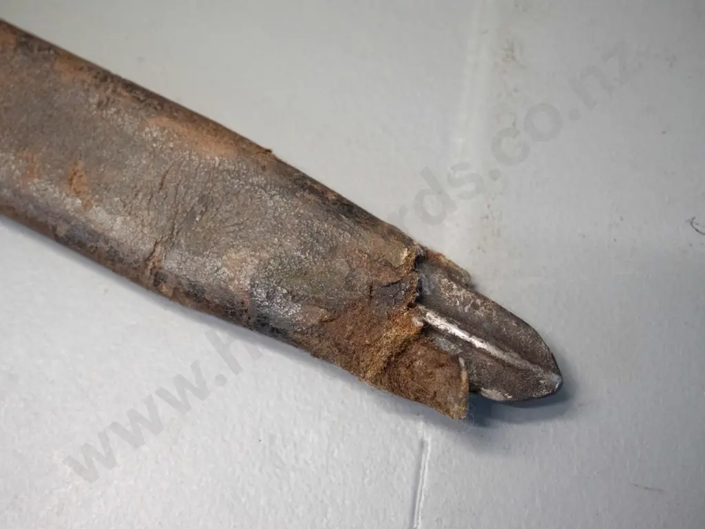 antique bayonet with timber handle, brass handle and hilt, leather scabbard has tip missing. Bayonet L-710 - see photos Image 1++