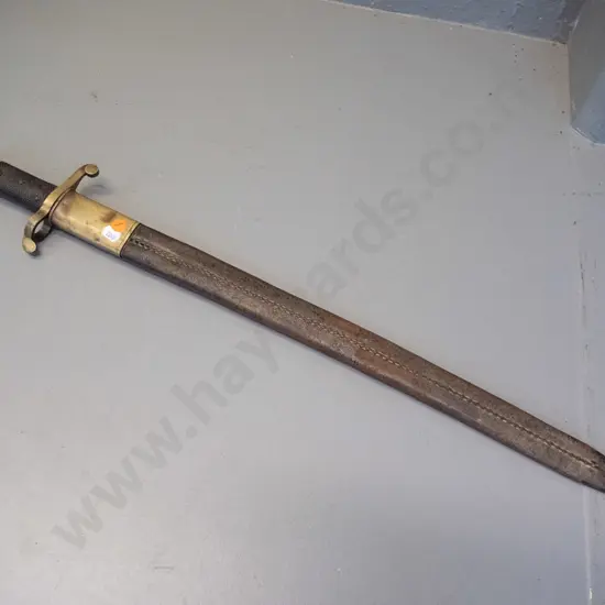 antique bayonet with timber handle, brass handle and hilt, leather scabbard has tip missing. Bayonet L-710 - see photos