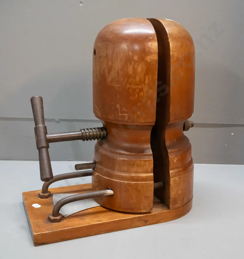 vintage timber and metal adjustable hat block with screw mechanism, no maker's marks H-340 W-310 D-165 Image 1++