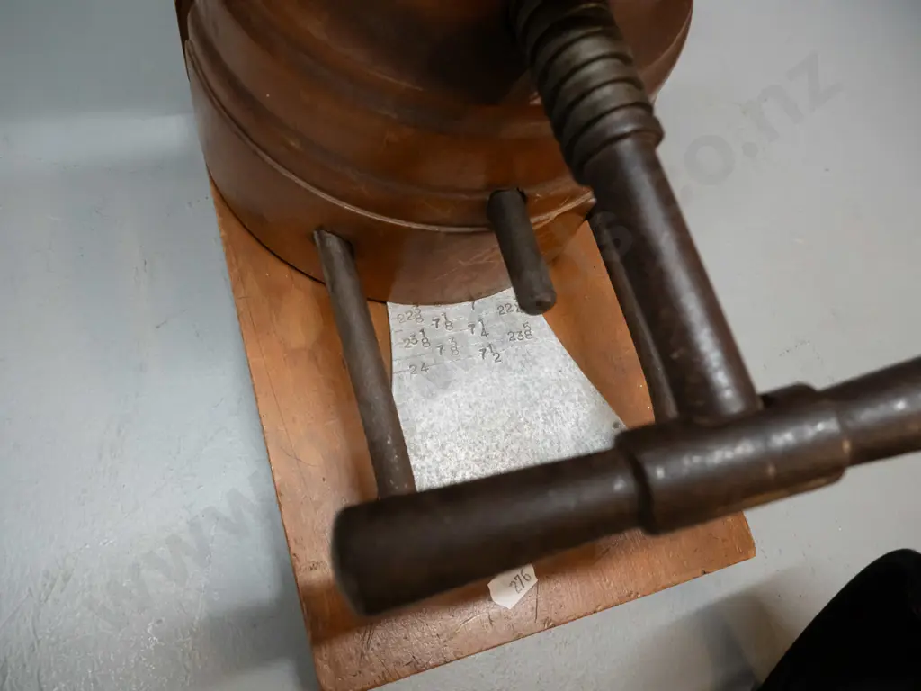 vintage timber and metal adjustable hat block with screw mechanism, no maker's marks H-340 W-310 D-165 Image 1++