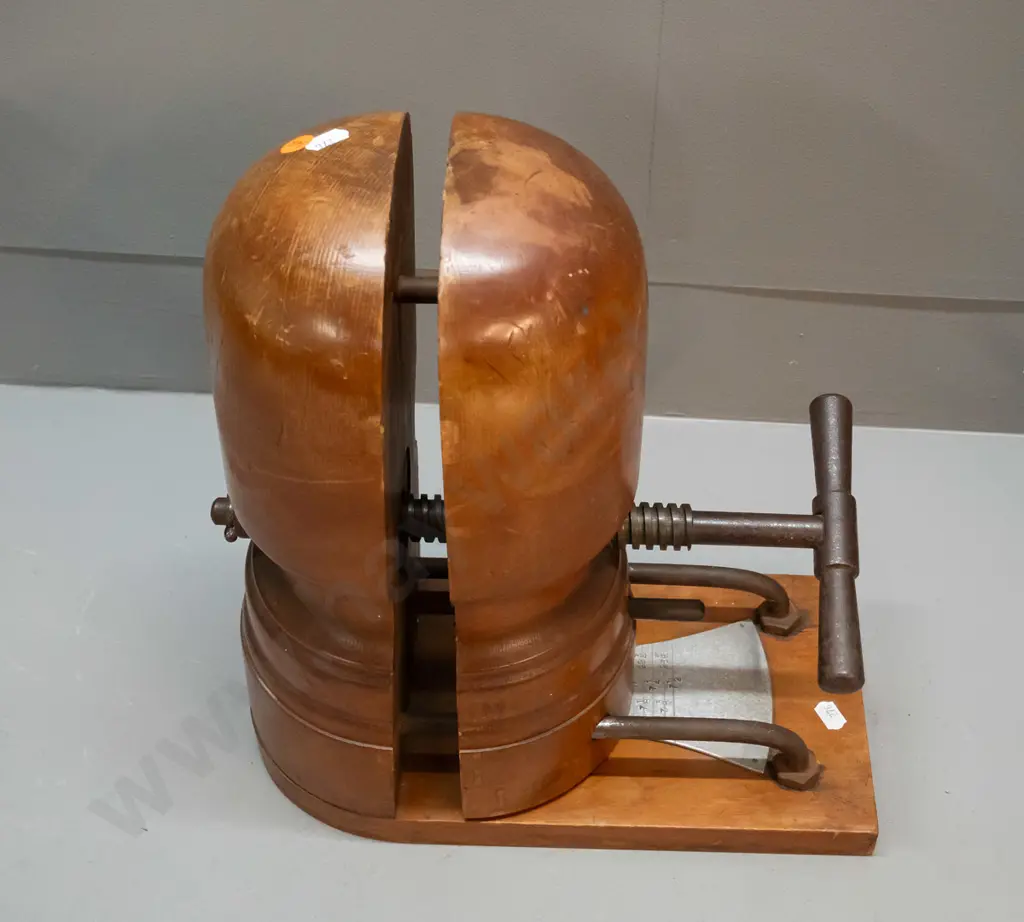 vintage timber and metal adjustable hat block with screw mechanism, no maker's marks H-340 W-310 D-165 Image 1++