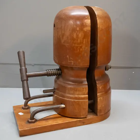 vintage timber and metal adjustable hat block with screw mechanism, no maker's marks H-340 W-310 D-165