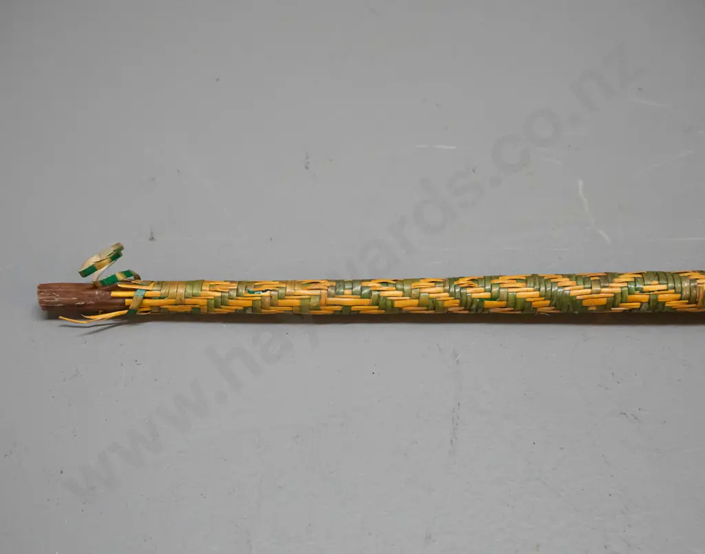 spear (Solomon Islands) with pronged timber head, carved motifs, shaft covered with woven cane - barbs made from bone? Image 1++