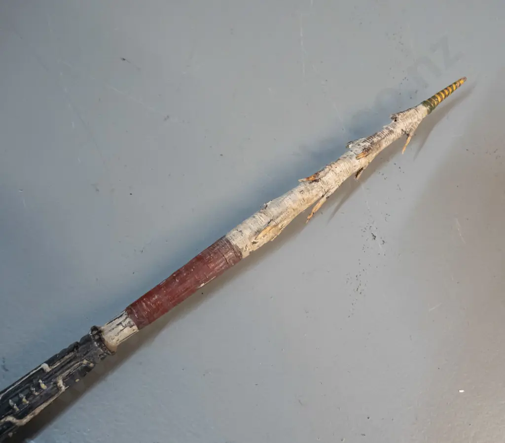 spear (Solomon Islands) with pronged timber head, carved motifs, shaft covered with woven cane - barbs made from bone? Image 1++