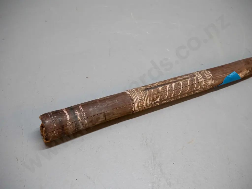 spear (Solomon Islands) made from carved hardwood, w/geometric carved bands and motifs, pronged timber head - some age Image 1++