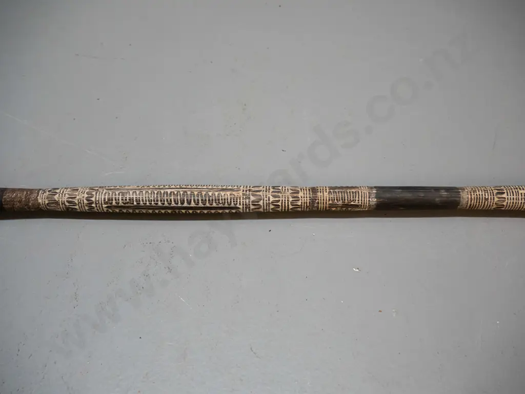 spear (Solomon Islands) made from carved hardwood, w/geometric carved bands and motifs, pronged timber head - some age Image 1++