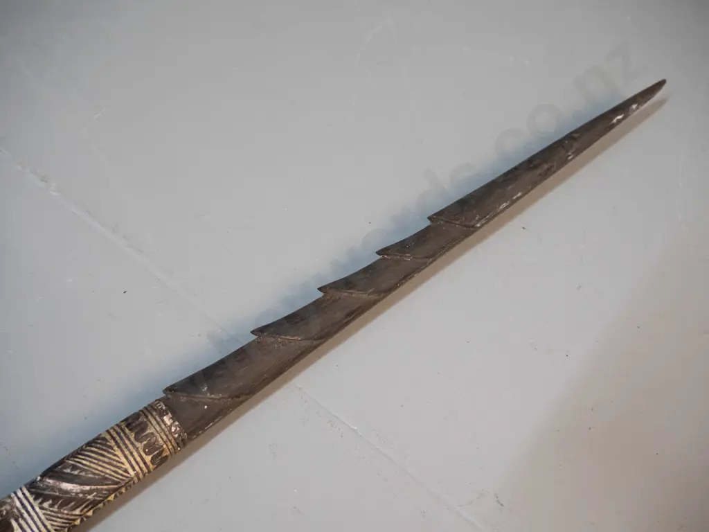 spear (Solomon Islands) made from carved hardwood, w/geometric carved bands and motifs, pronged timber head - some age Image 1++