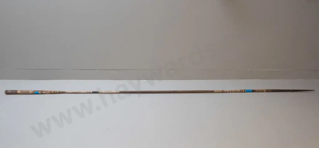 spear (Solomon Islands) made from carved hardwood, w/geometric carved bands and motifs, pronged timber head - some age Image 1++