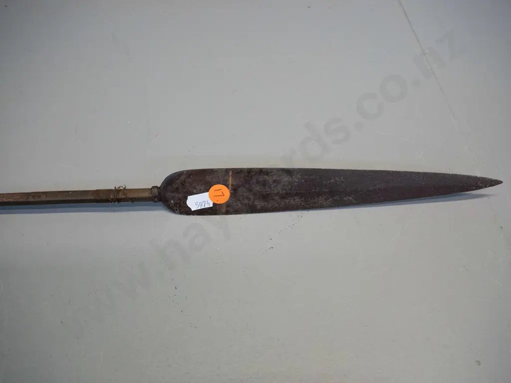 vintage spear with timber shaft and forged iron head, fine wire binding - slightly warped. L-2100 Image 1++
