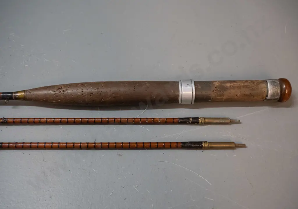 3 pieces - vintage timber 2-piece fly fishing rod with aluminium fittings - 2 tip sections, one missing an eyelet Image 1++