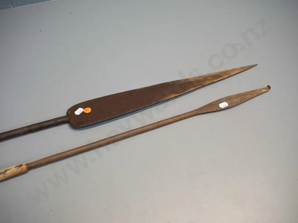 2 vintage spears with timber shafts and forged iron heads, one with skin grip and forged metal tail binding has broken Image 1++