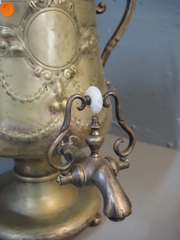 vintage samovar with embossed patterns, almost all of the silver plating worn off, dent/tilt to base Image 1++